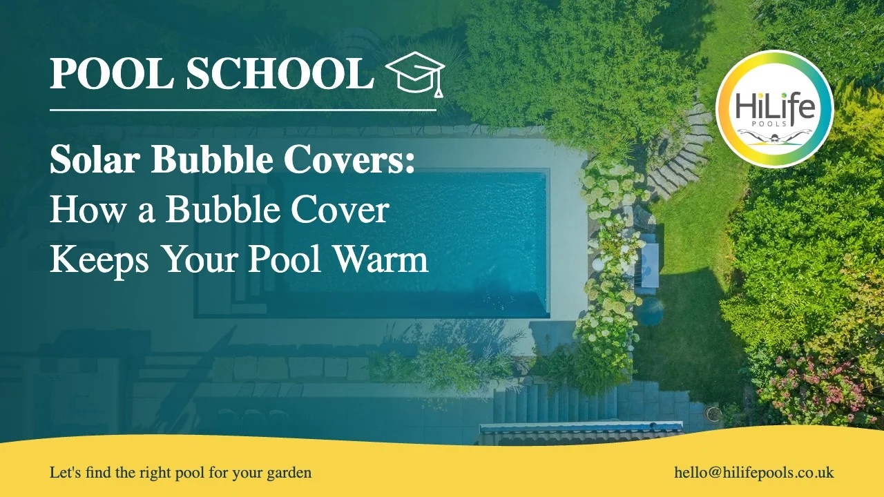 Solar bubble covers guide from HiLife Pools, with an aerial view of a garden pool.