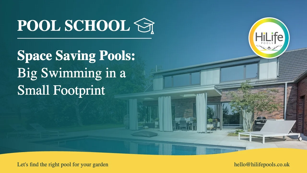 Space saving pools guide from HiLife Pools, with a pool beside a covered terrace.