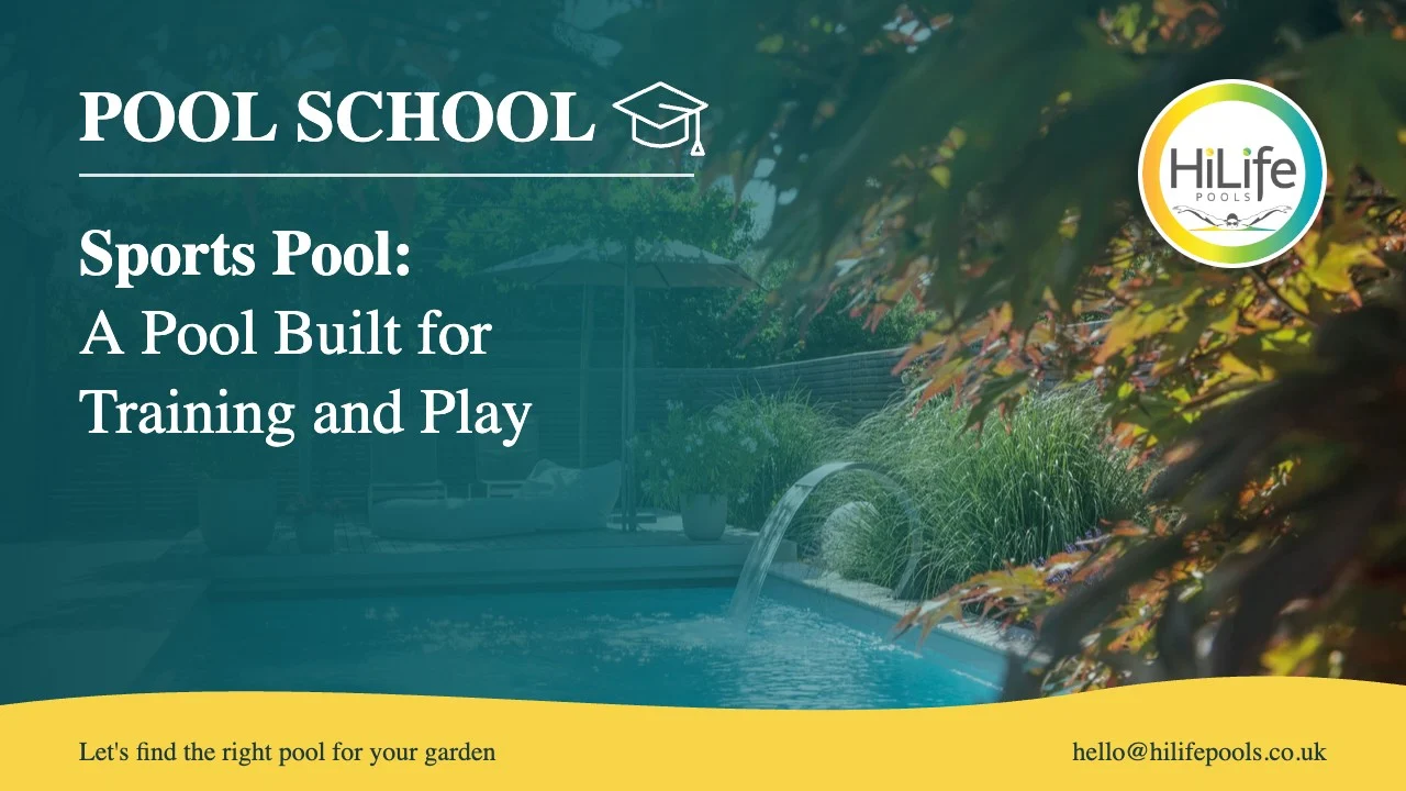 Sports pool guide from HiLife Pools, with a pool with a water feature and autumn leaves.