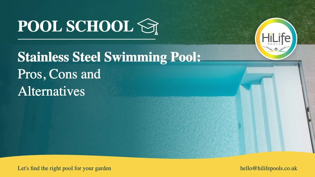 Stainless steel swimming pool guide from HiLife Pools, with clear water over pool steps.