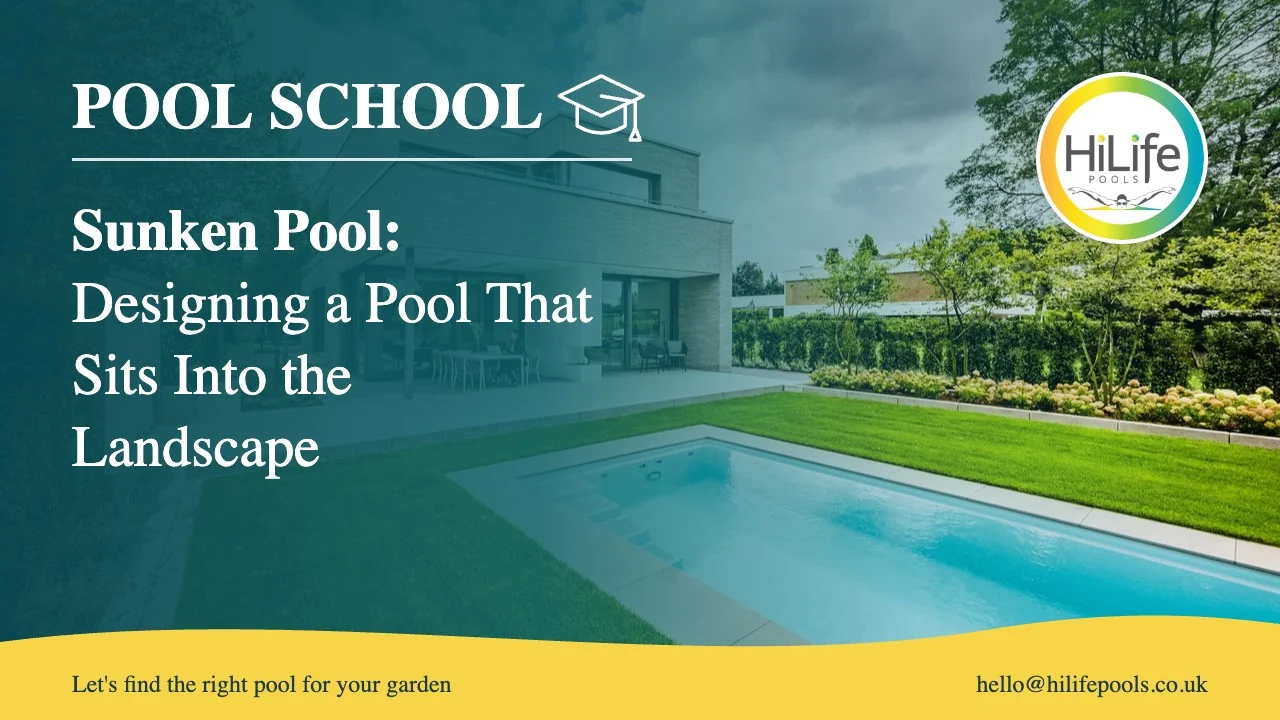 Sunken pool guide from HiLife Pools, with a modern house and long garden pool.