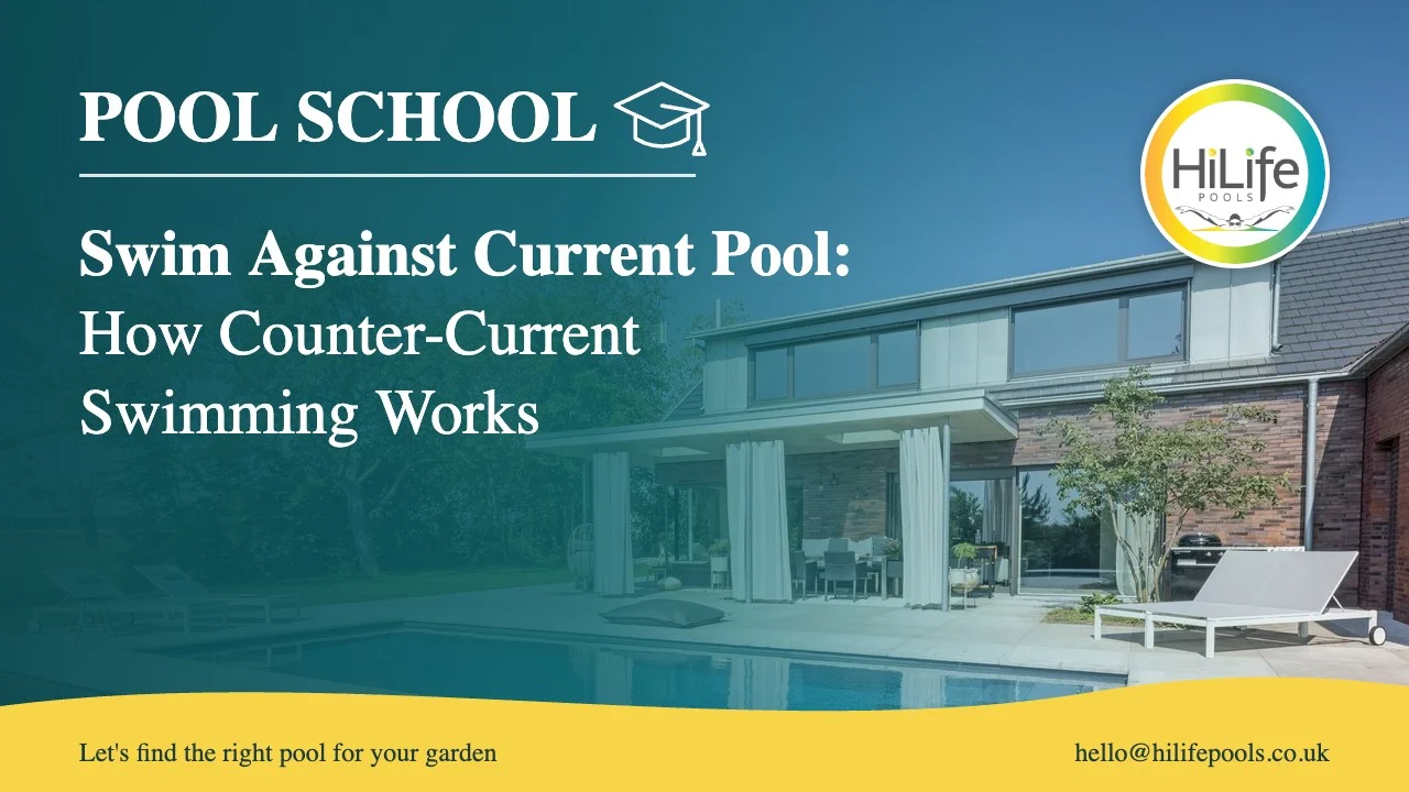 Swim against current pool guide from HiLife Pools, with a pool beside a covered terrace.