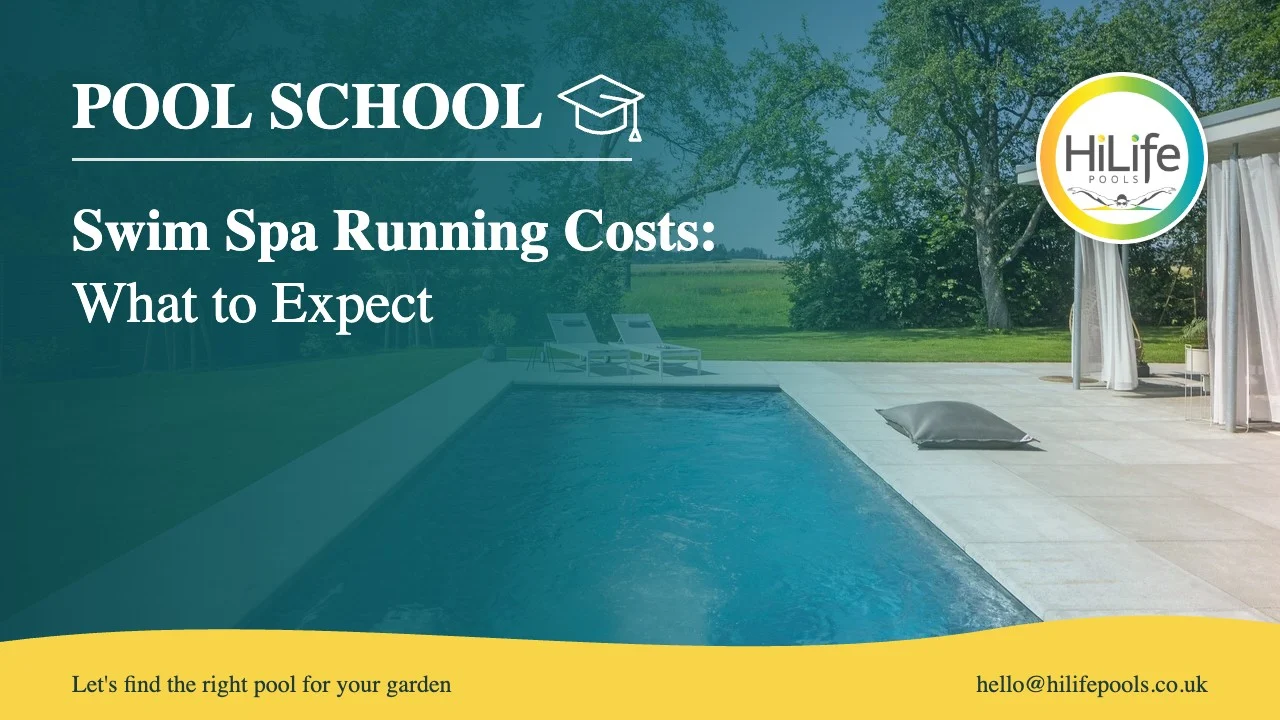 Swim spa running costs guide from HiLife Pools, with a pool with a swim jet and pergola