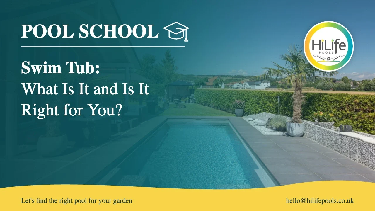 Swim tub guide from HiLife Pools, with a long pool with palms and a terrace