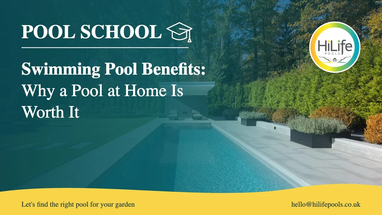Swimming pool benefits guide from HiLife Pools, with a long, narrow lap pool.