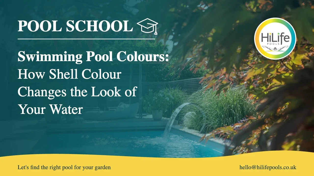Swimming pool colours guide from HiLife Pools, with a pool with a water feature and autumn leaves.
