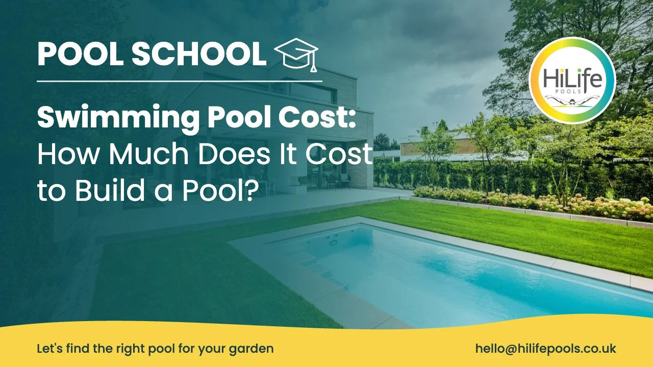 Swimming pool cost guide from HiLife Pools, with a modern house and long garden pool