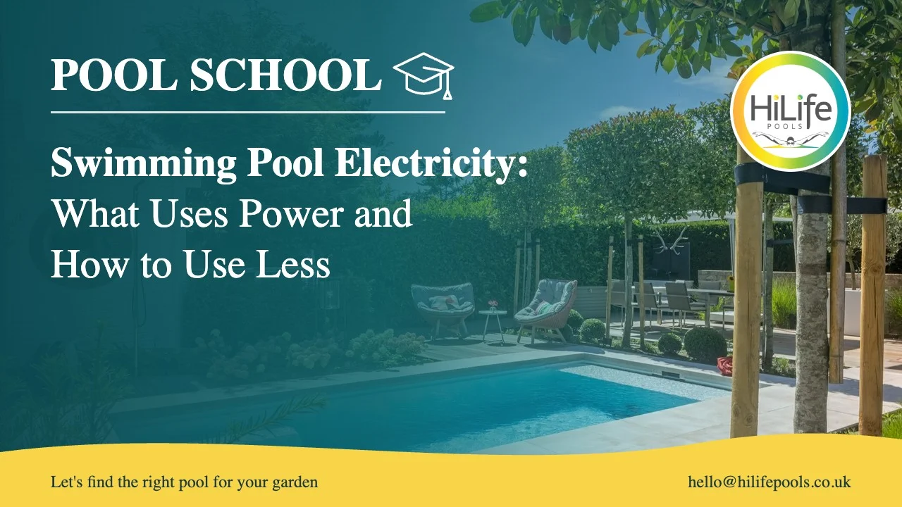 Swimming pool electricity guide from HiLife Pools, with patio seating beside a garden pool