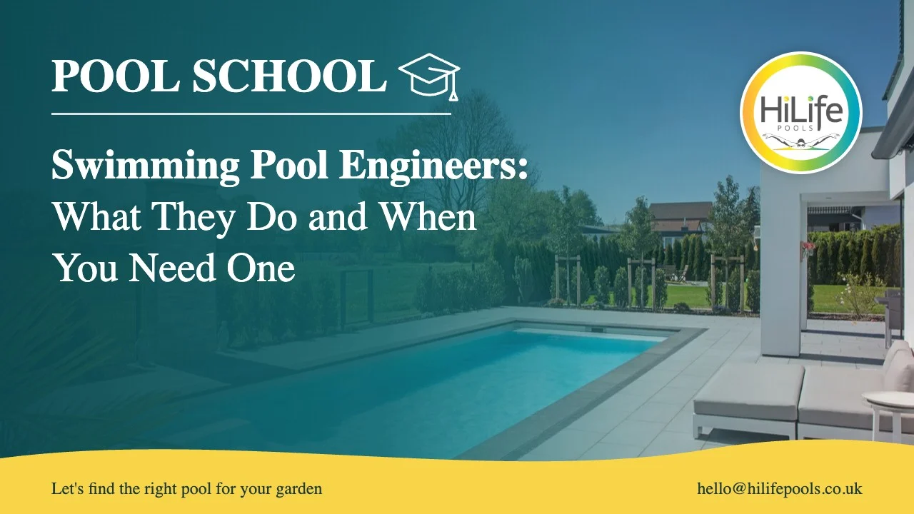 Swimming pool engineers guide from HiLife Pools, with a pool with a paved terrace