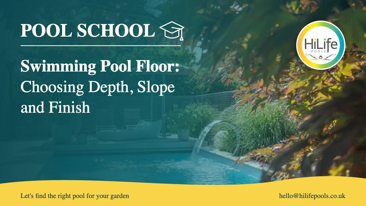 Swimming pool floor guide from HiLife Pools, with a pool with a water feature and autumn colour