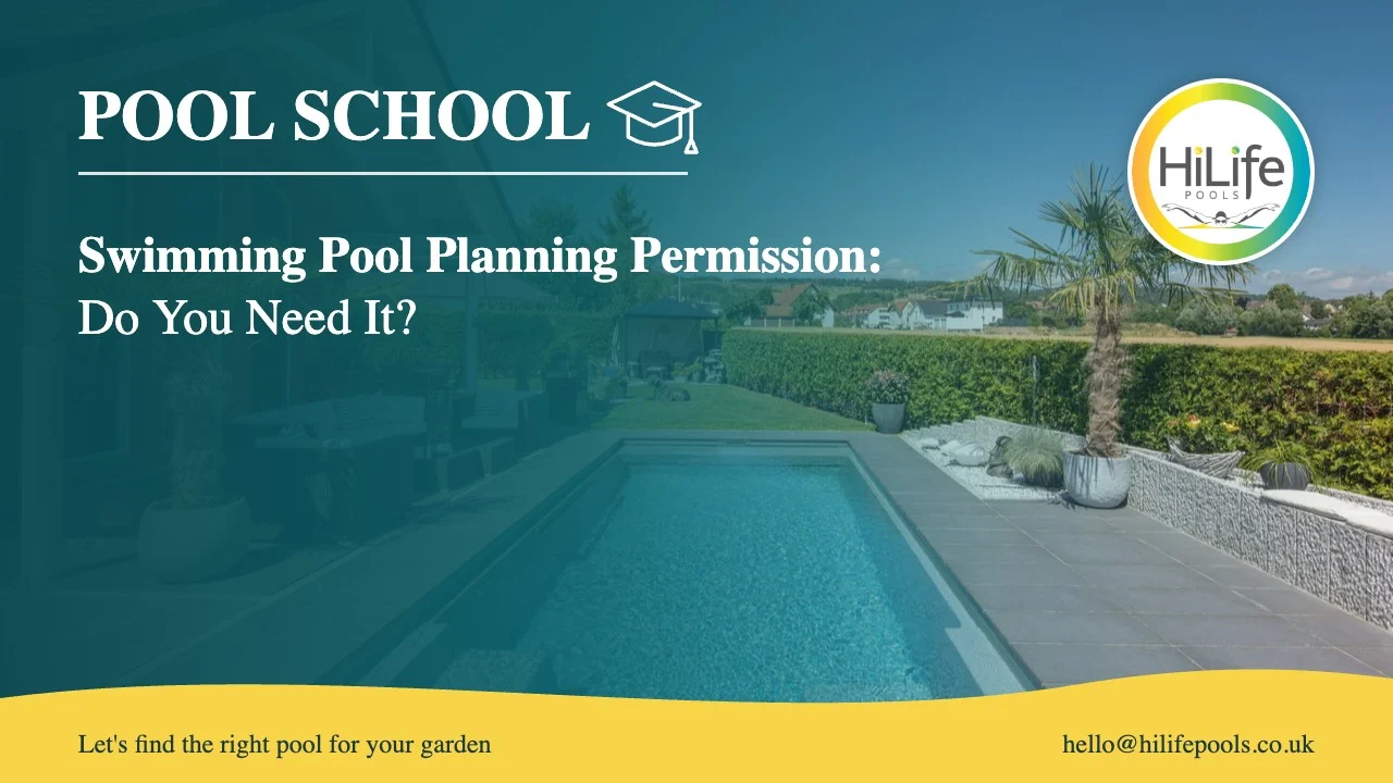 Swimming pool planning permission guide from HiLife Pools, with a long pool with palms and a terrace
