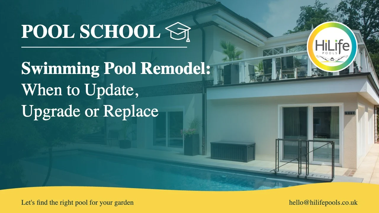 Swimming pool remodel guide from HiLife Pools, with a pool beside a family home