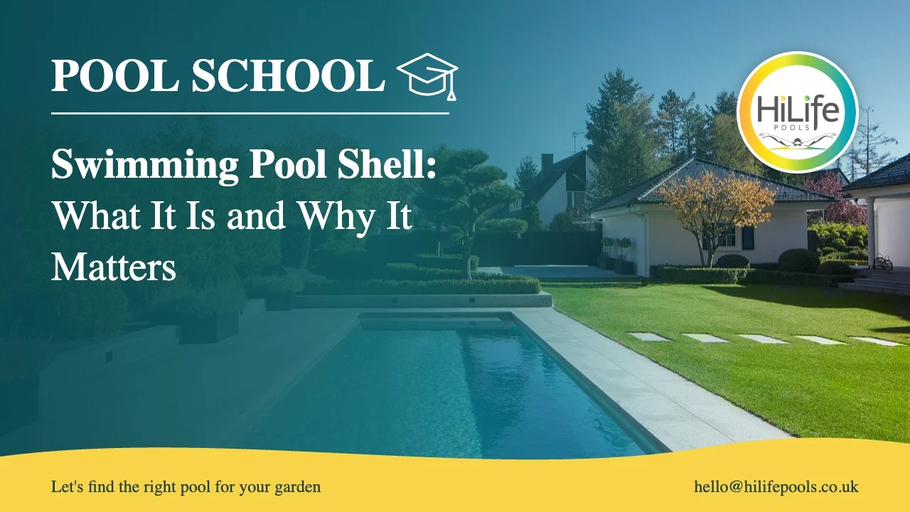 Swimming pool shell guide from HiLife Pools, with a long pool in an autumn garden.