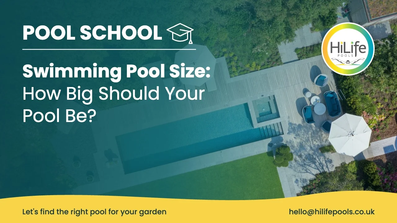 Swimming pool size guide from HiLife Pools, with an aerial view of a garden pool and patio