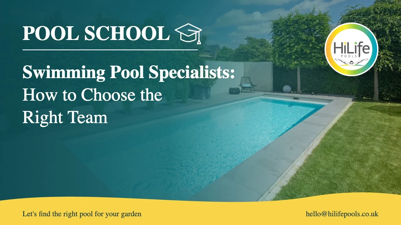 Swimming pool specialists guide from HiLife Pools, with pool steps in a hedged garden