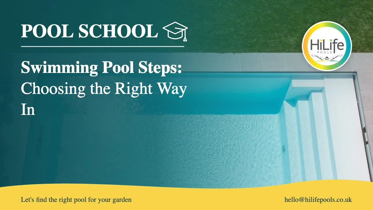 Swimming pool steps guide from HiLife Pools, with clear water over pool steps