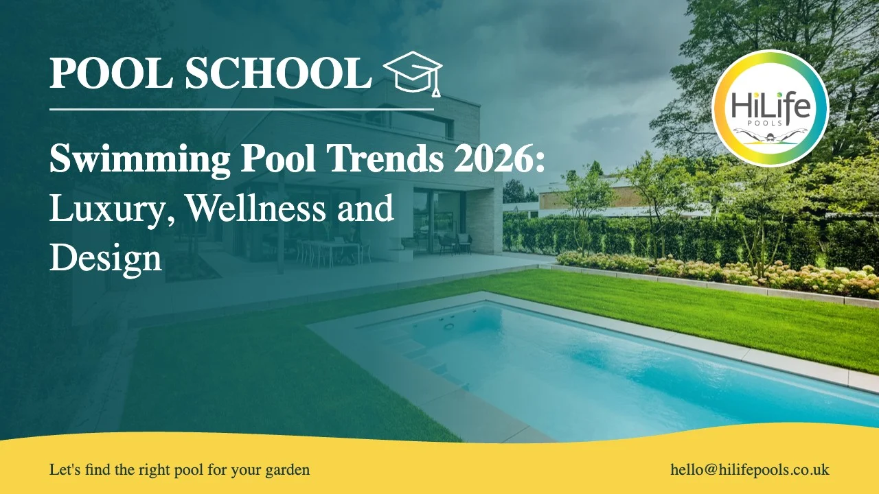Swimming pool trends 2026 guide from HiLife Pools, with a modern house and long garden pool
