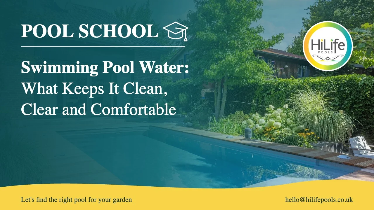 Swimming pool water guide from HiLife Pools, with a pool with timber decking