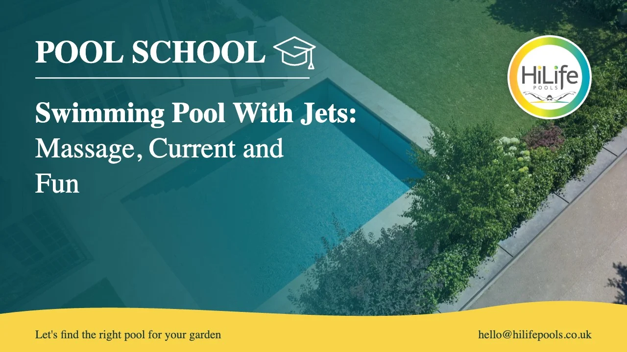 Swimming pool with jets guide from HiLife Pools, with an aerial view of a pool, house and loungers.