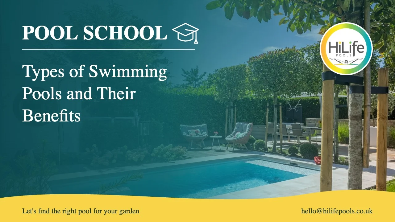 Types of swimming pools guide from HiLife Pools, with patio seating beside a garden pool