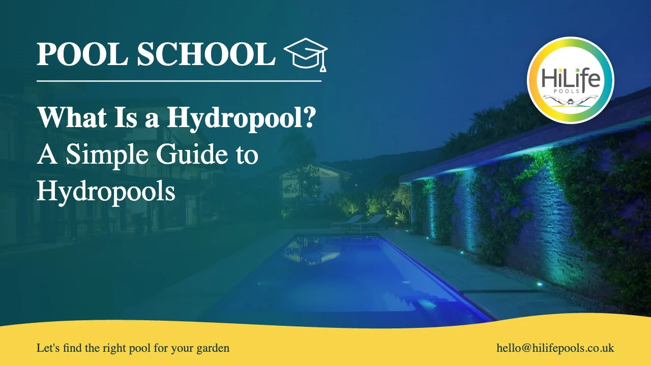 What is a hydropool guide from HiLife Pools, with a garden pool lit up at night