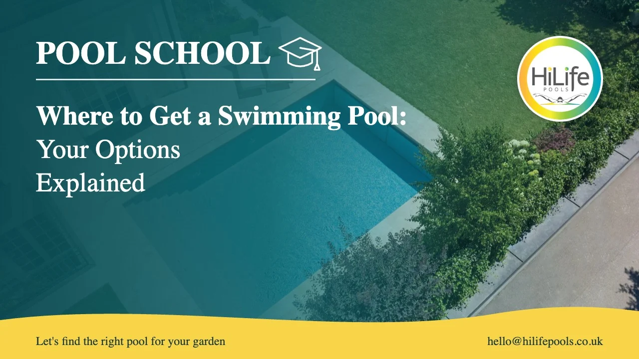 Where to get a swimming pool guide from HiLife Pools, with an aerial view of a pool, house and loungers.