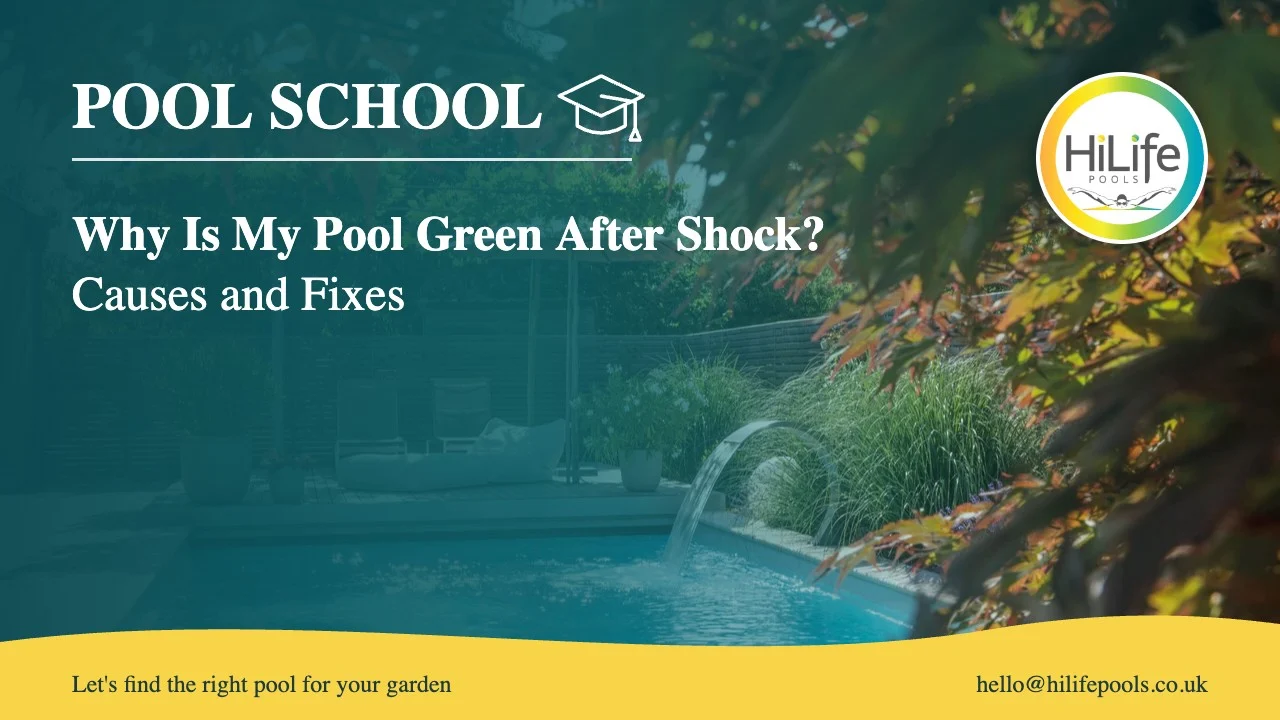 Why is my pool green after shock guide from HiLife Pools, with a pool with a water feature and autumn leaves